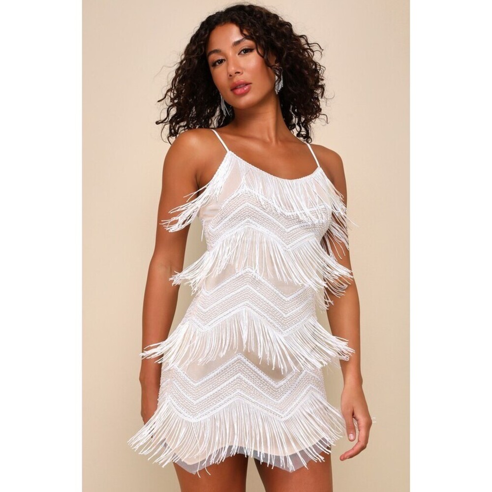 Lulus Dancefloor Dazzler White Fringe Mini Dress - Size S